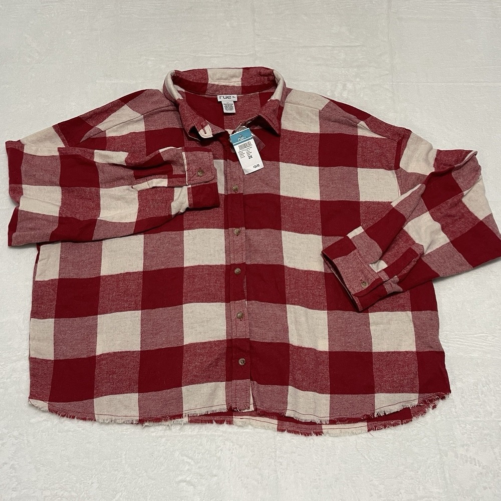 NWT Womens Plus Size Rue + Flannel Red Cream Plaid Shirt Size 2X Raw Edge